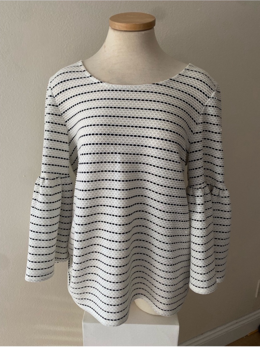 Calvin Klein White Top with black Stripes and Bell Sleeves